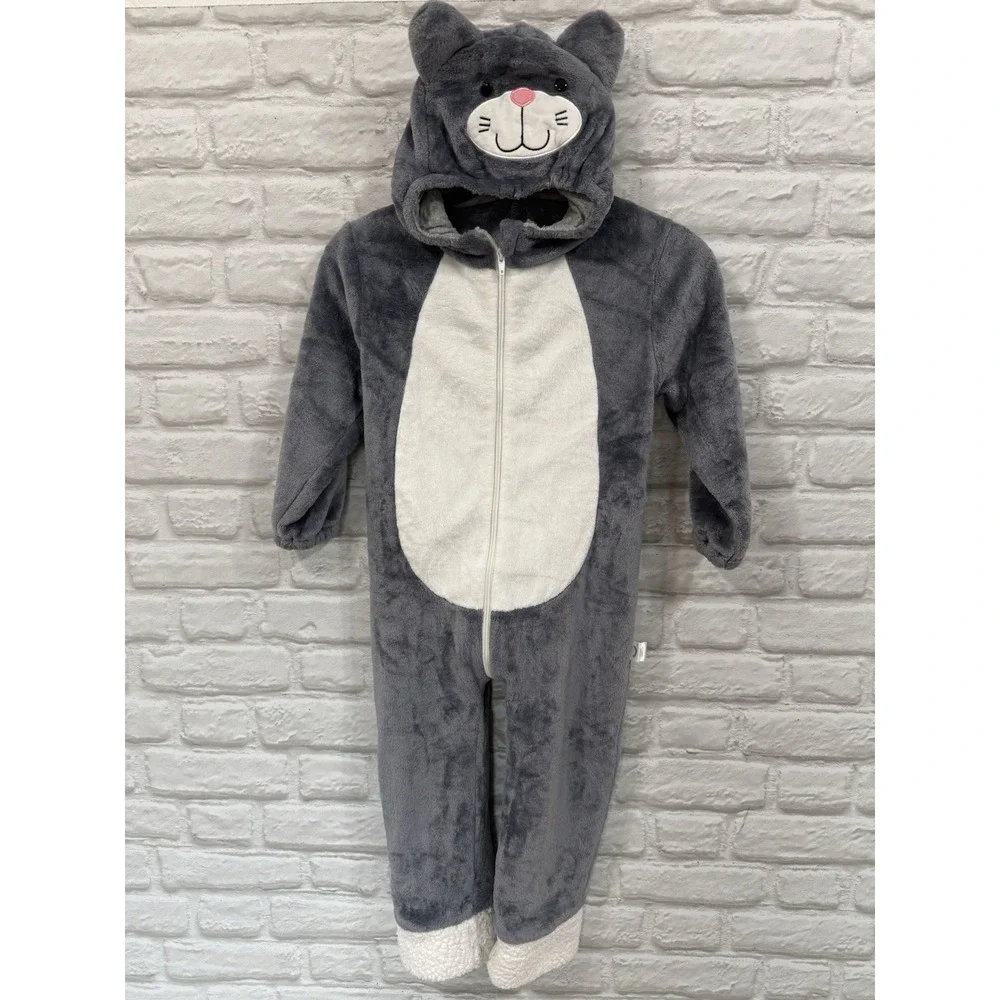 Kids Cat One-Piece Halloween Costume Size 4/7 Gray Warm Body Suit Fast Shipping!